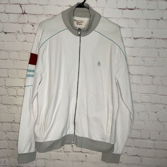 NWT Original Penguin Men's White Long Sleeve Zip Up Logo Jacket Size L. - Picture 7 of 9